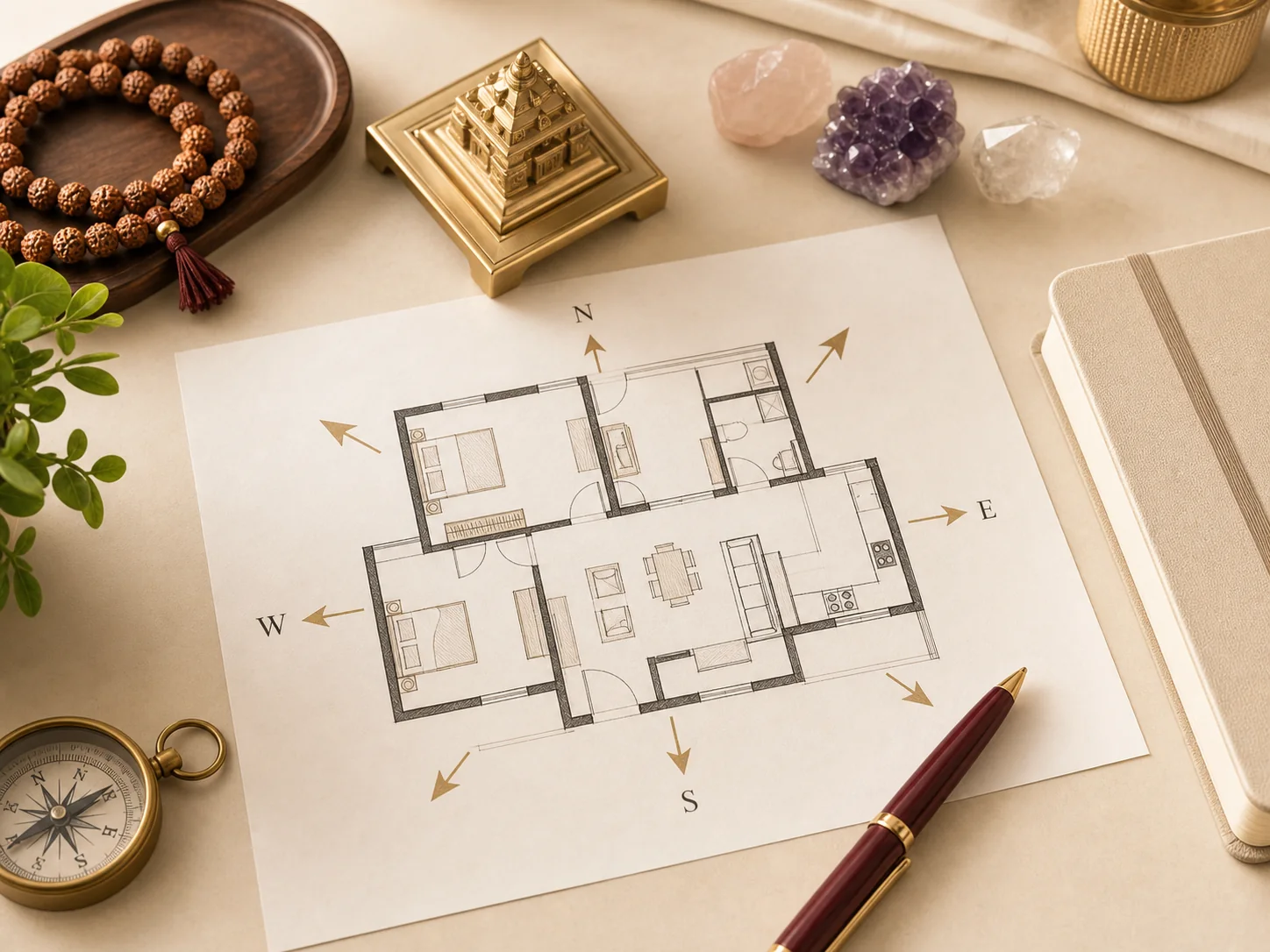 Residential layout sheet with Vastu direction marks and remedy objects