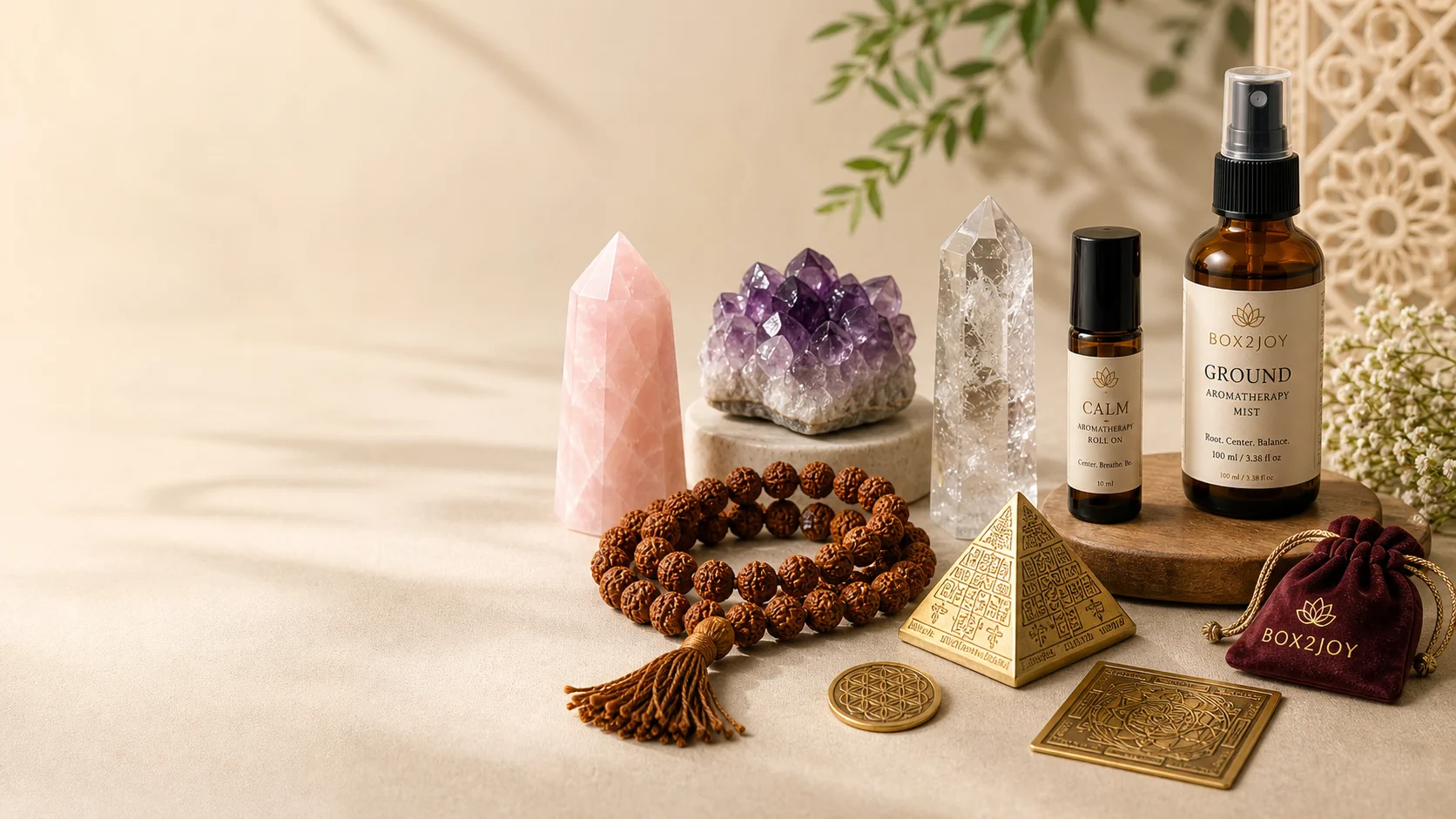 Box2Joy Practitioner Membership with crystals, Rudraksha, Vastu remedies and aromatherapy products