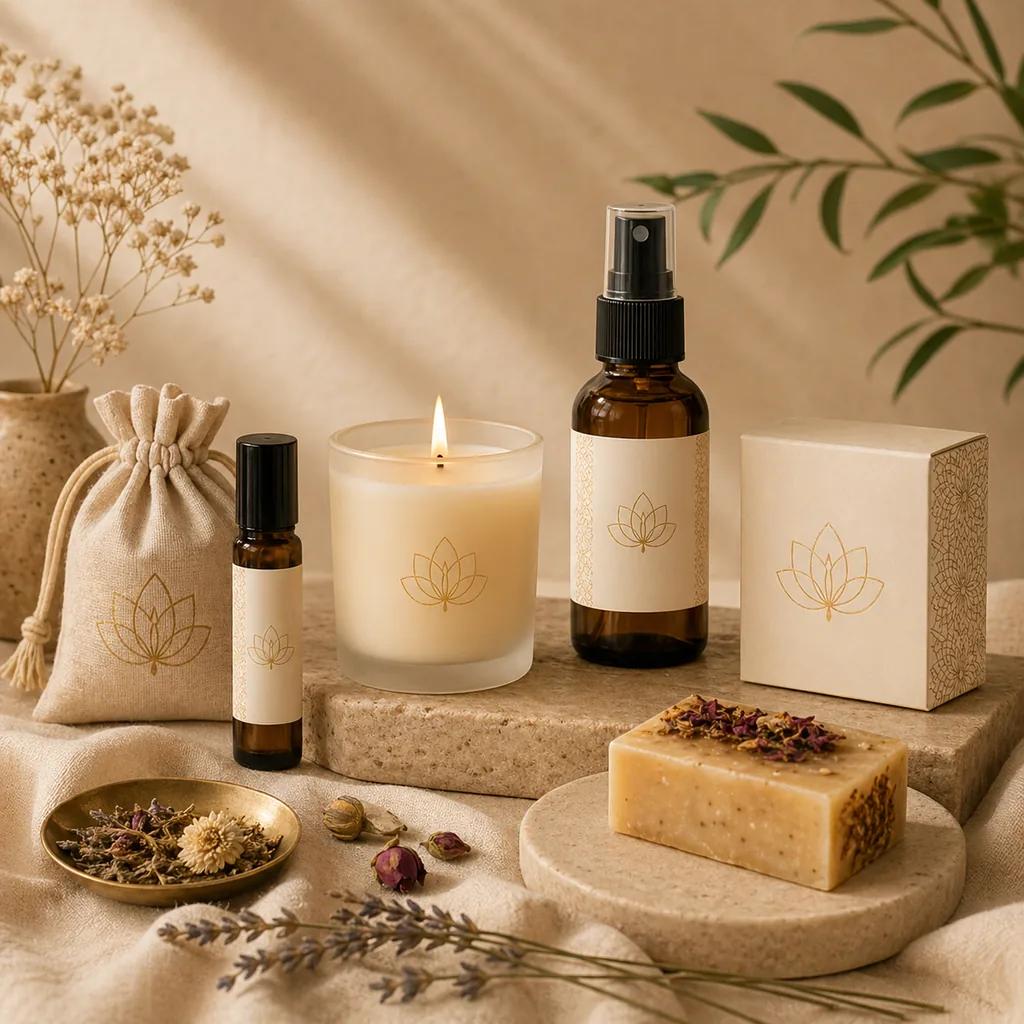 Aromatherapy roll-ons, candle, spray, soap, and ritual products