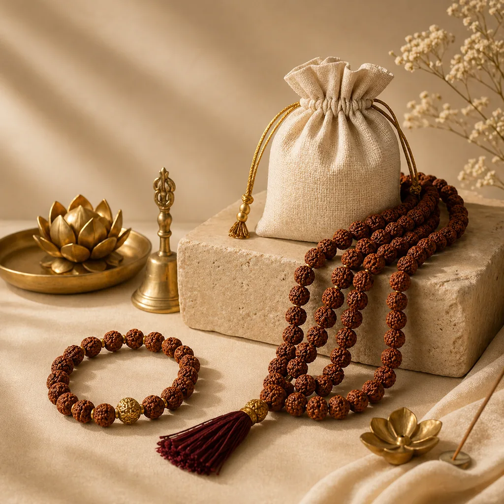 Rudraksha malas and spiritual essentials on a warm beige studio background