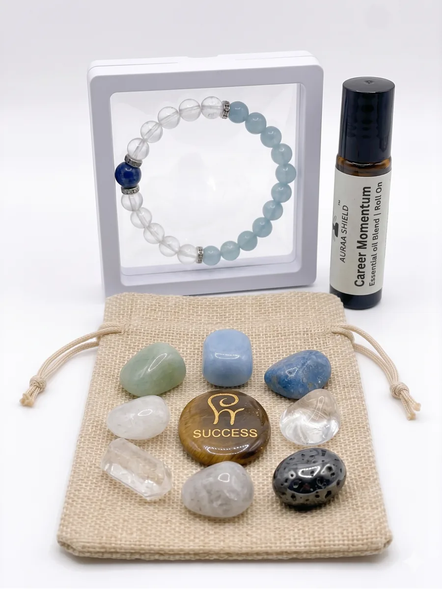 Career Momentum remedy kit with bracelet, stones, pouch, and roll-on