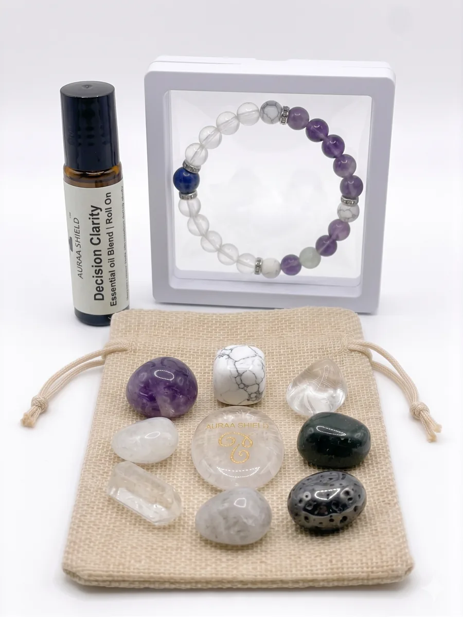 Decision Clarity remedy kit with bracelet, stones, pouch, and roll-on
