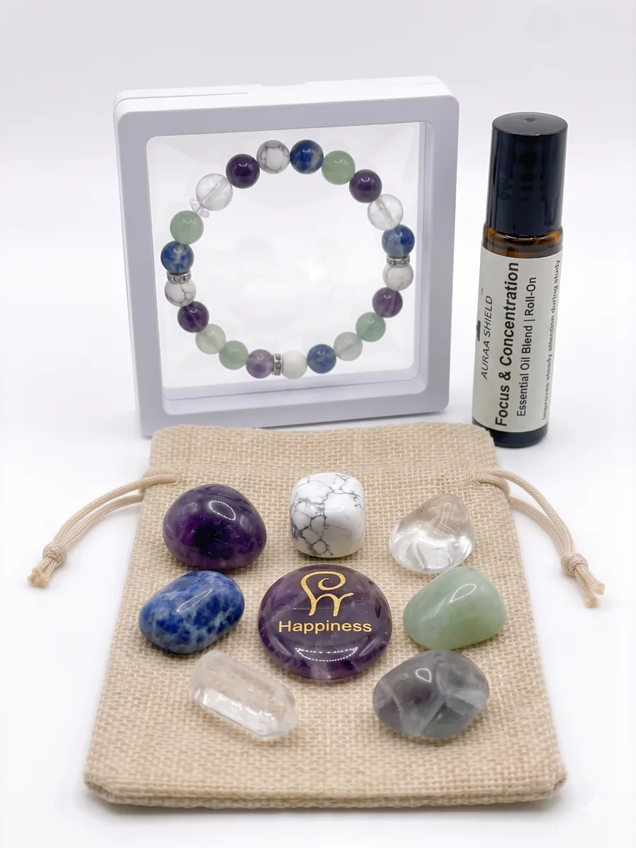 Focus and Concentration remedy kit with bracelet, stones, pouch, and roll-on