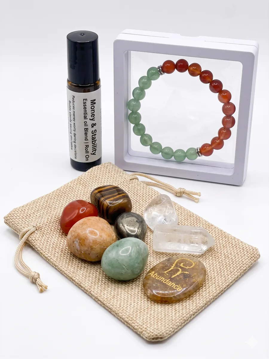 Money Growth and Stability remedy kit with bracelet, stones, pouch, and roll-on
