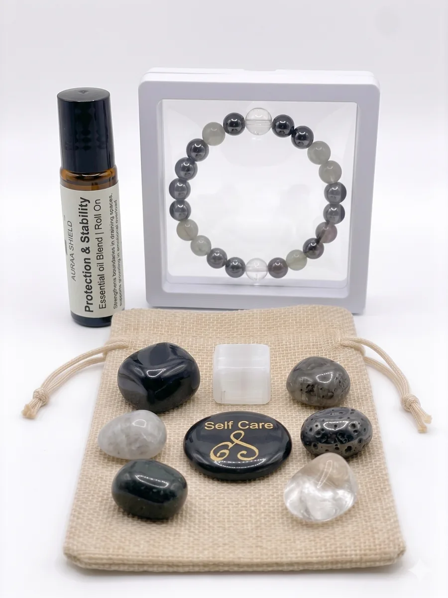 Protection and Stability remedy kit with bracelet, stones, pouch, and roll-on