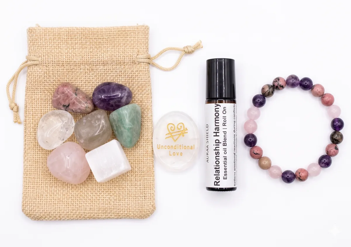 Relationship Harmony remedy kit with bracelet, stones, pouch, and roll-on