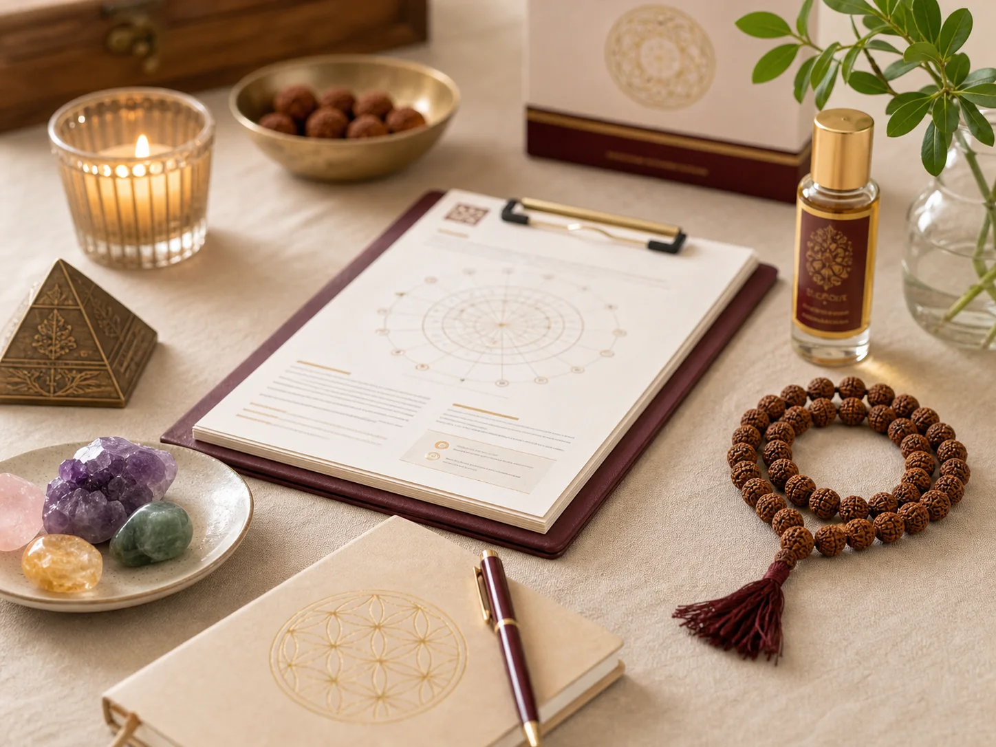Box2Joy consultation desk with report, notebook, crystals and Rudraksha beads