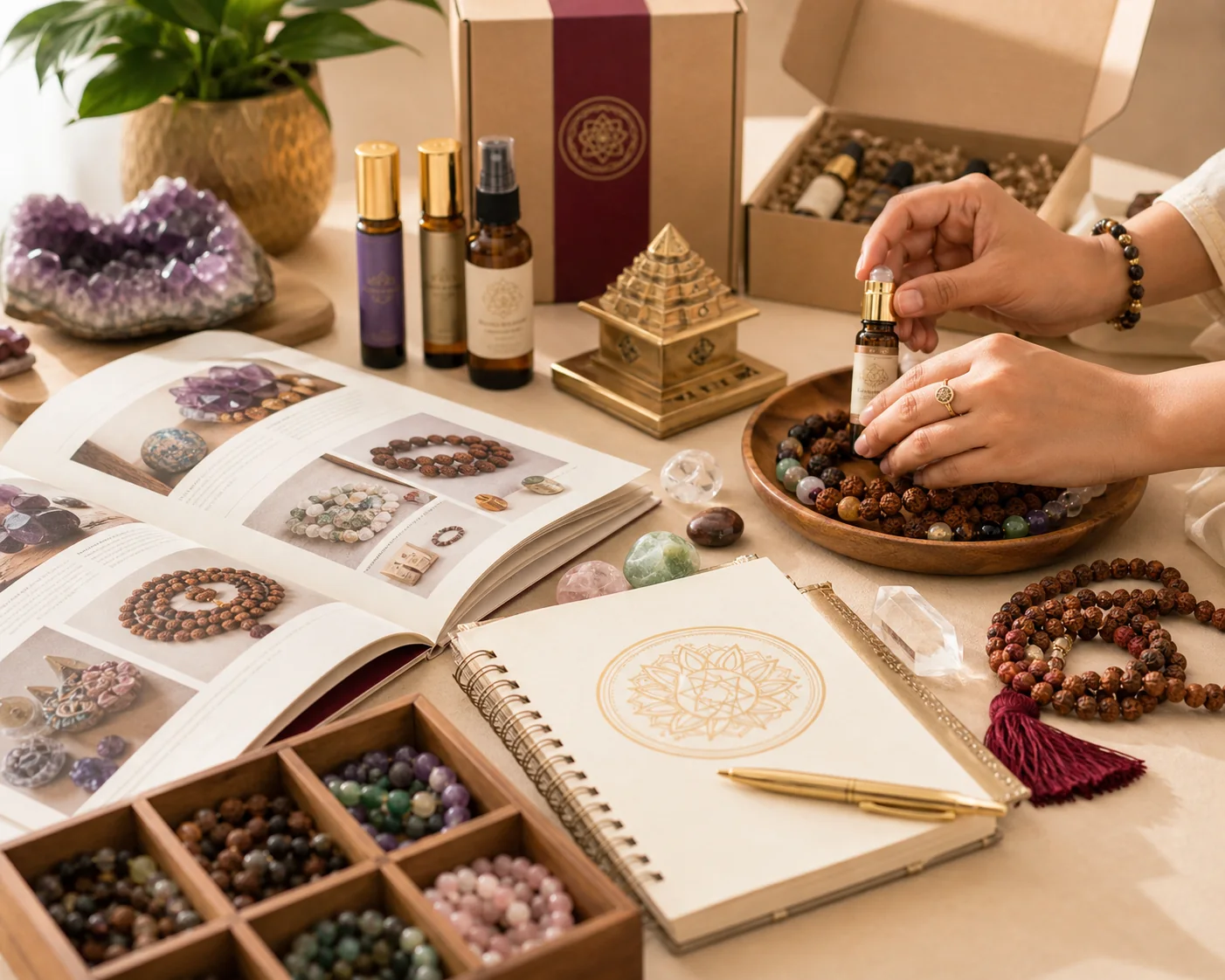 Box2Joy practitioner membership setup with catalogue, crystals, Rudraksha and aromatherapy